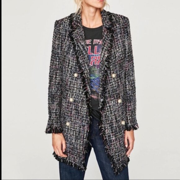 New Zara Tweed Coat Pearl Buttons Frayed CoCo Chanel Style - Picture 11 of 14